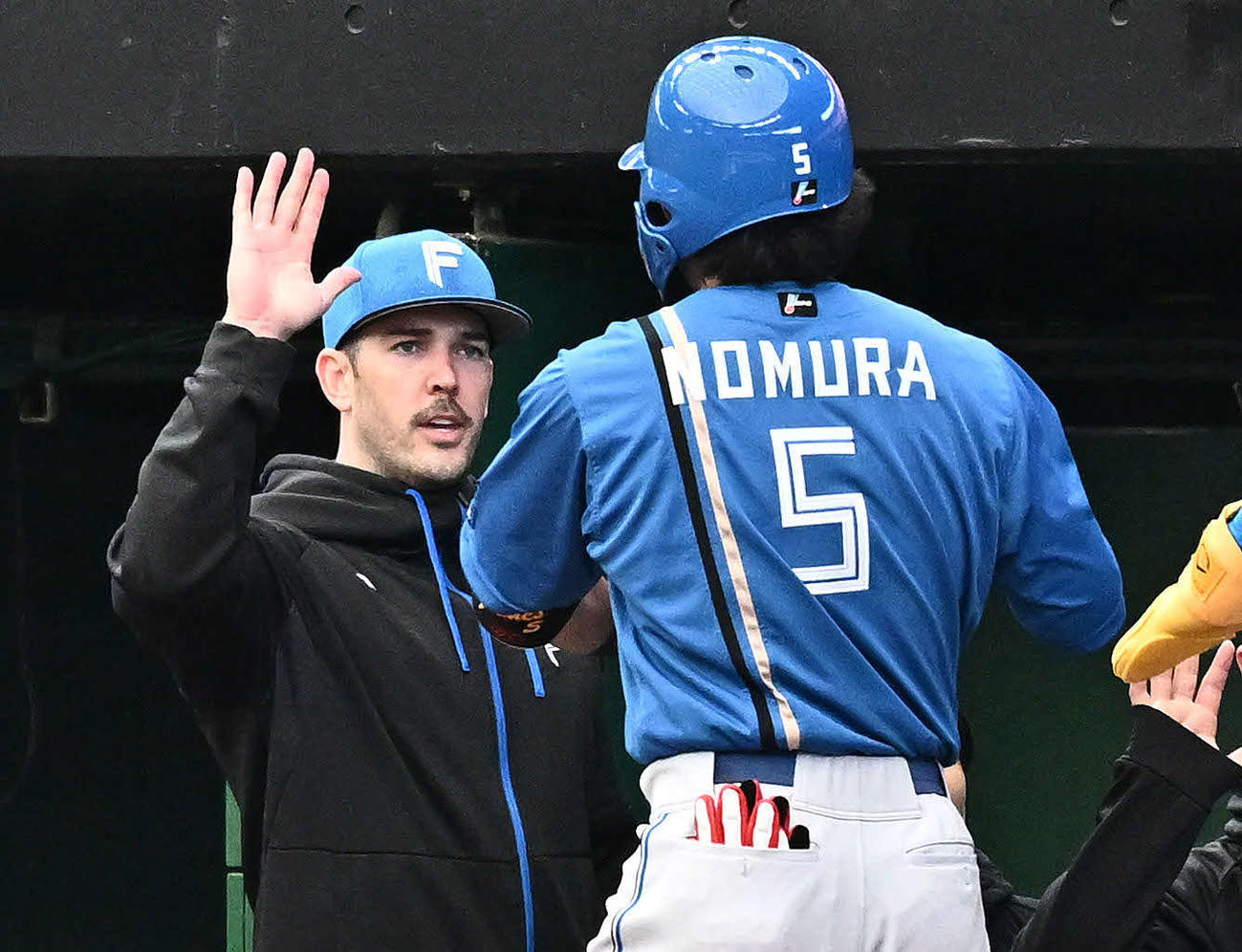 西武対日本ハム　3回表日本ハム1死一、二塁、3点本塁打を放った野村（手前）を迎えるバーヘイゲン（撮影・滝沢徹郎）