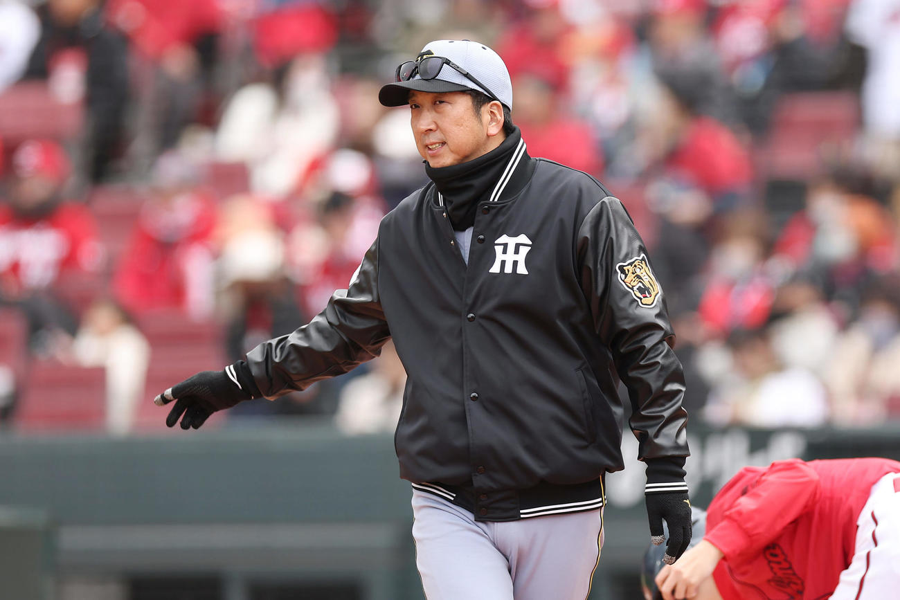 広島対阪神　6回表を終え、選手交代を告げる阪神藤川監督（撮影・前田充）