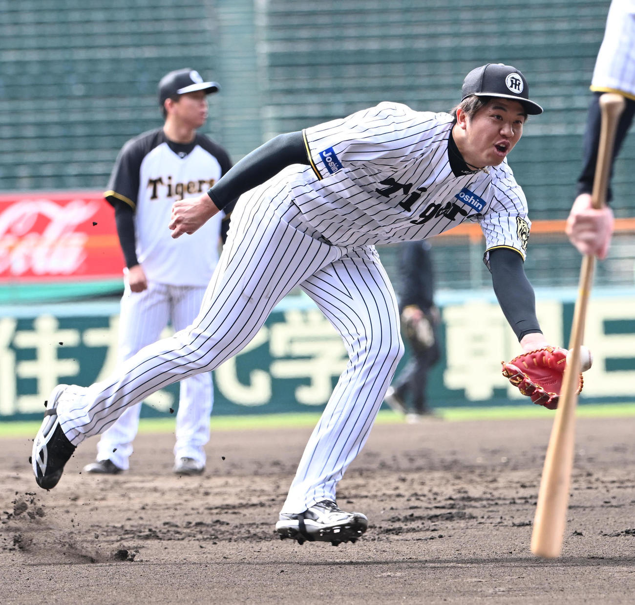 ノックを受け本塁にグラブトスする阪神才木（撮影・和賀正仁）