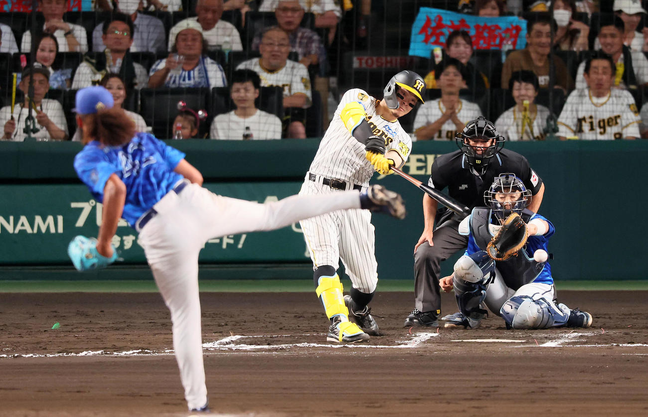 24年9月、阪神対DeNA 6回裏阪神無死一塁、佐藤輝は左前打を放つ。投手ジャクソン