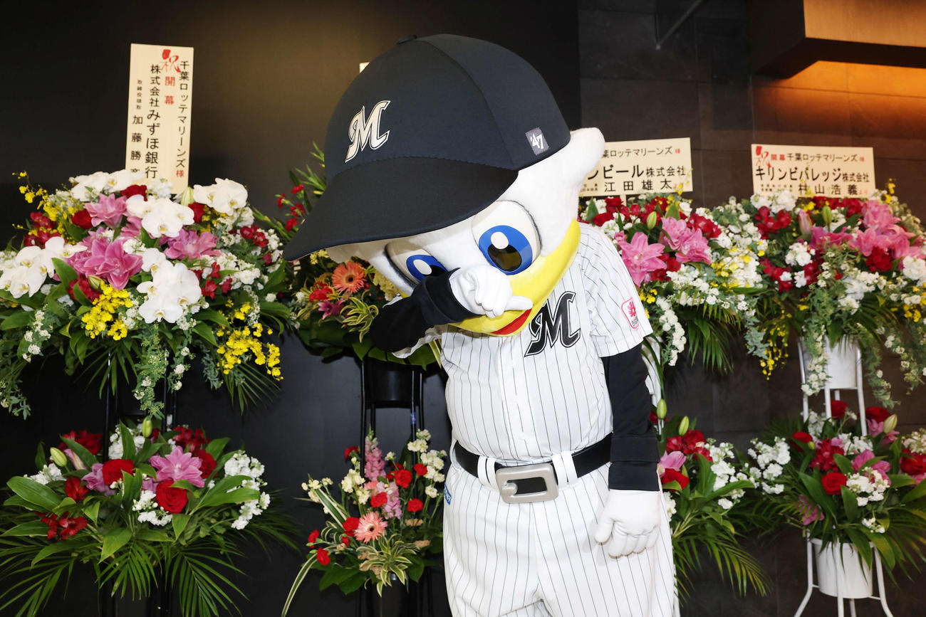 ロッテ対オリックス　天候不良のため試合が中止となり悲しむロッテのマーくん（撮影・宮地輝）