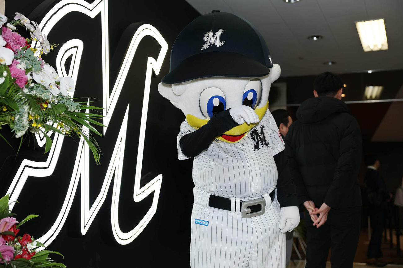 ロッテ対オリックス　天候不良のため試合が中止となり悲しむロッテのマーくん（撮影・宮地輝）