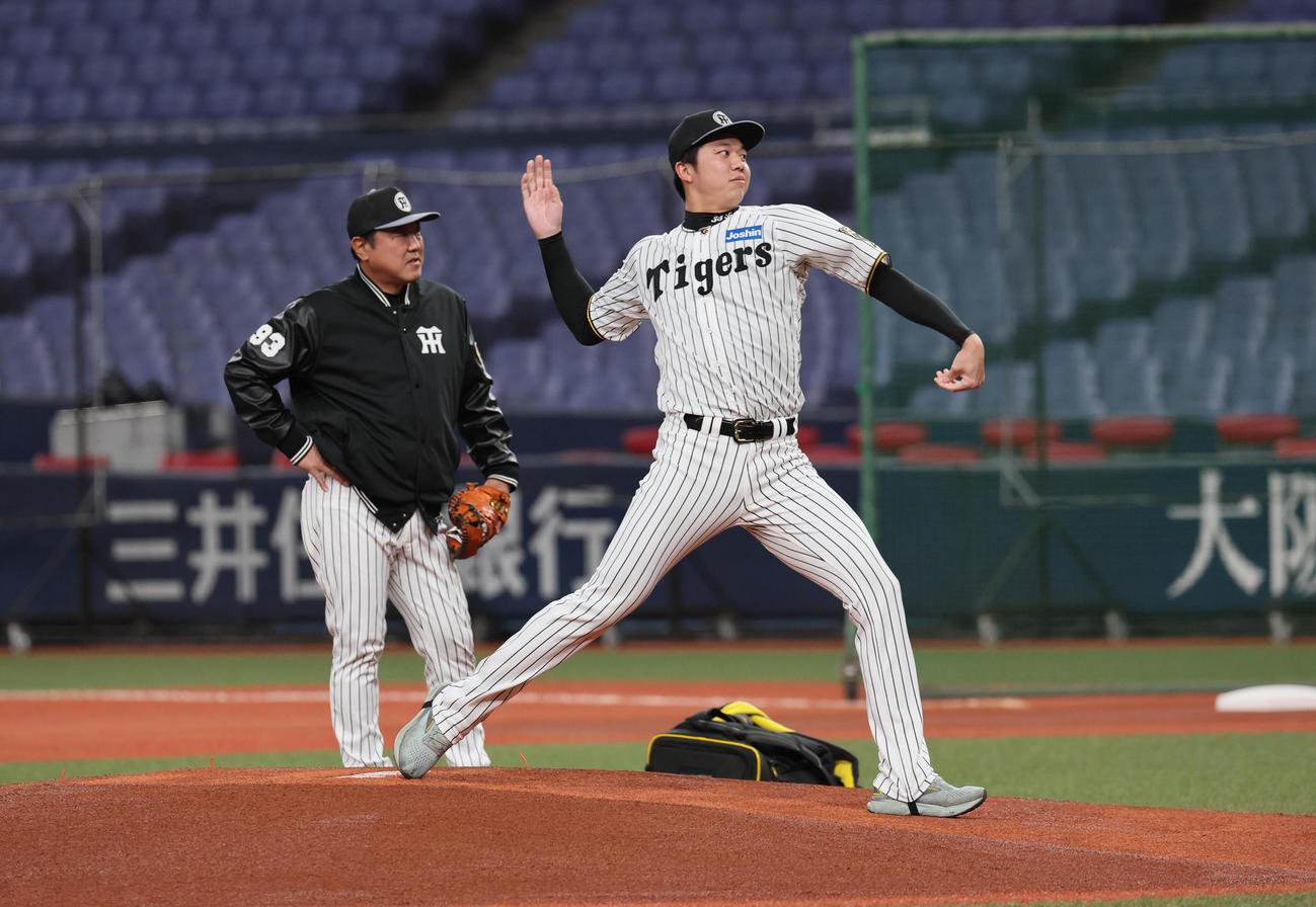 阪神対DeNA　試合前、マウンドの感触を確かめる阪神才木（撮影・宮崎幸一）