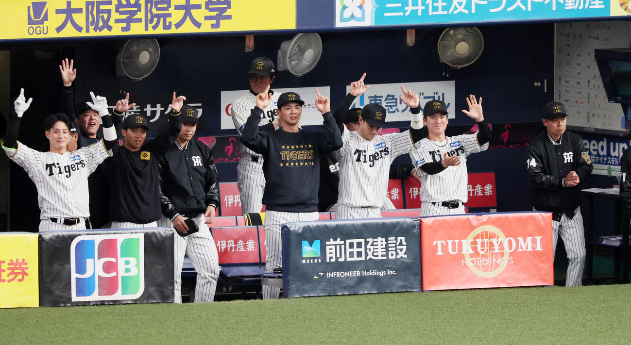 阪神対DeNA 4回裏阪神1死二塁、森下の右越え適時二塁打で勝ち越しに成功しベンチで喜ぶ選手たち（撮影・加藤哉）
