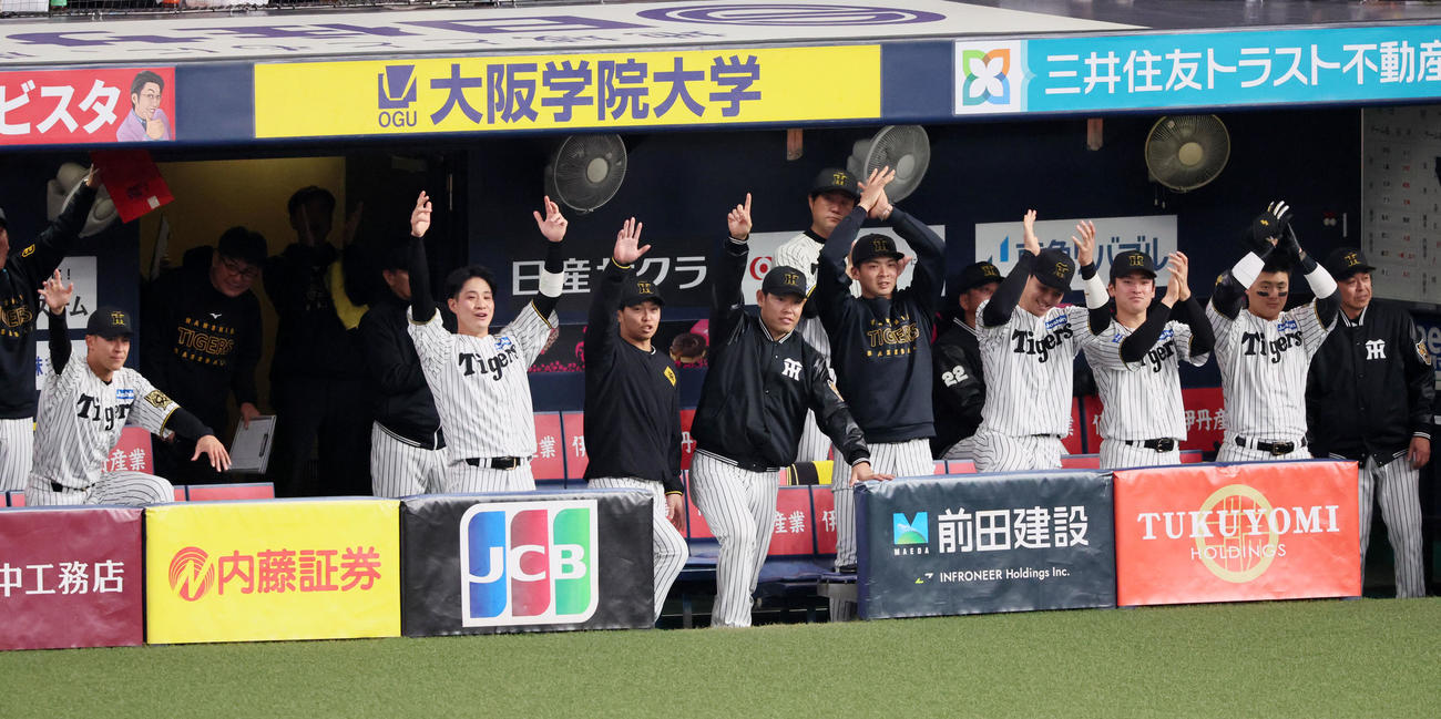 阪神対DeNA 4回裏阪神1死一塁、佐藤輝の右越え適時二塁打に笑顔を見せるベンチの選手たち（撮影・加藤哉）