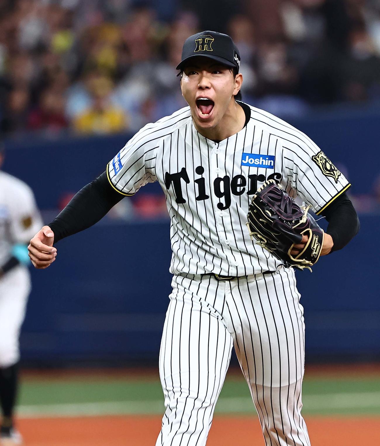 阪神対DeNA 12回表DeNA2死一塁、柴田から三振を奪い雄たけびをあげる工藤（撮影・上田博志）