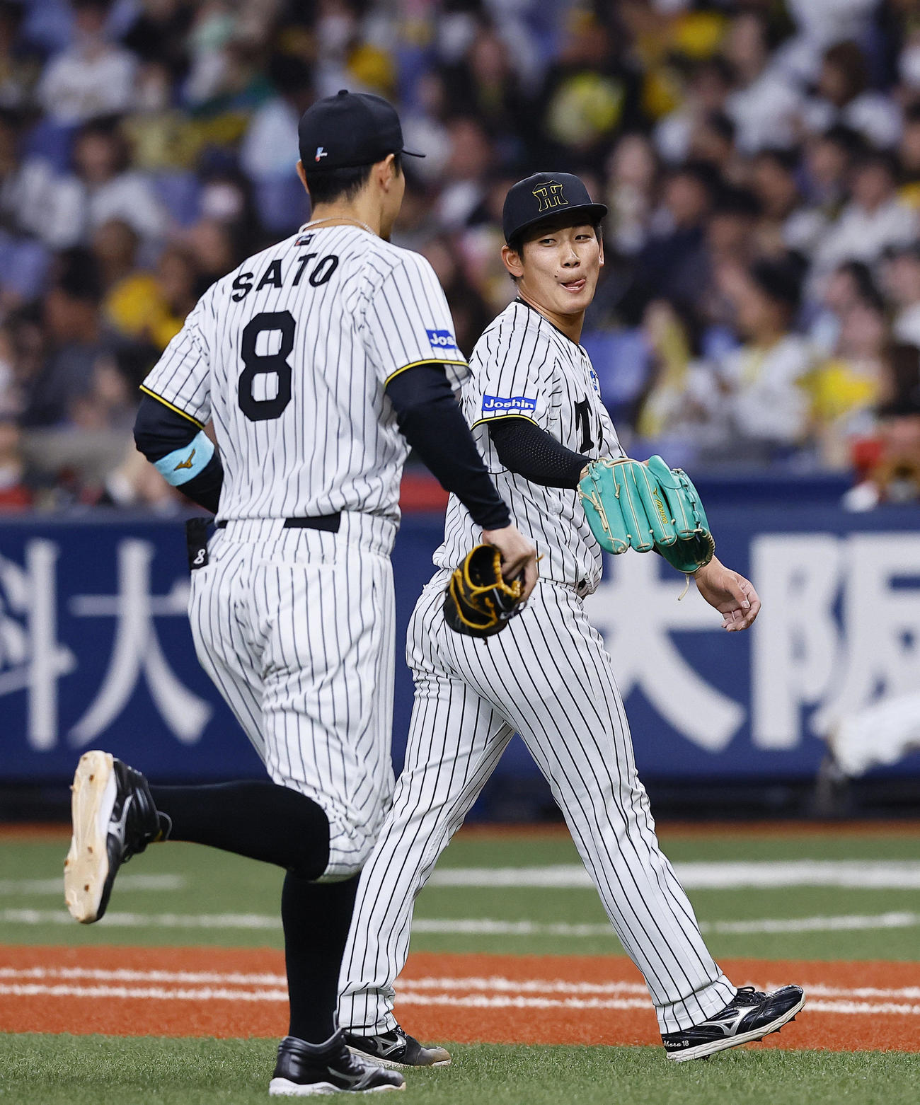 阪神対DeNA 11回を終え、佐藤輝（左）とタッチを交わす阪神伊原（撮影・藤尾明華）
