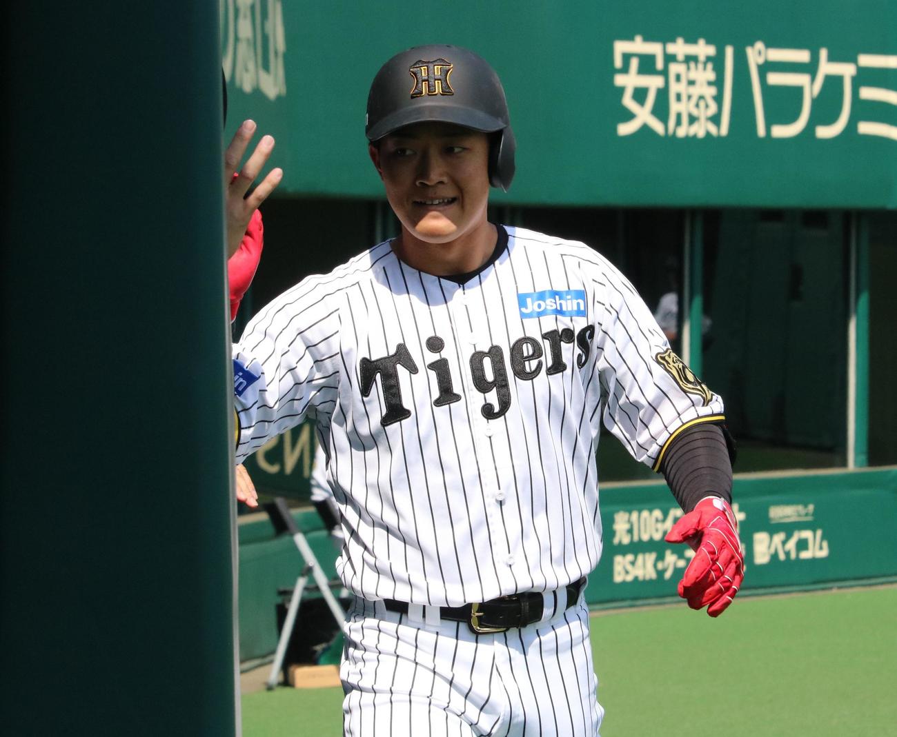 阪神対中日　2回裏1死、阪神の中川がバックスクリーン右に本塁打を放ち、ベンチ前でハイタッチする（撮影・林亮佑）