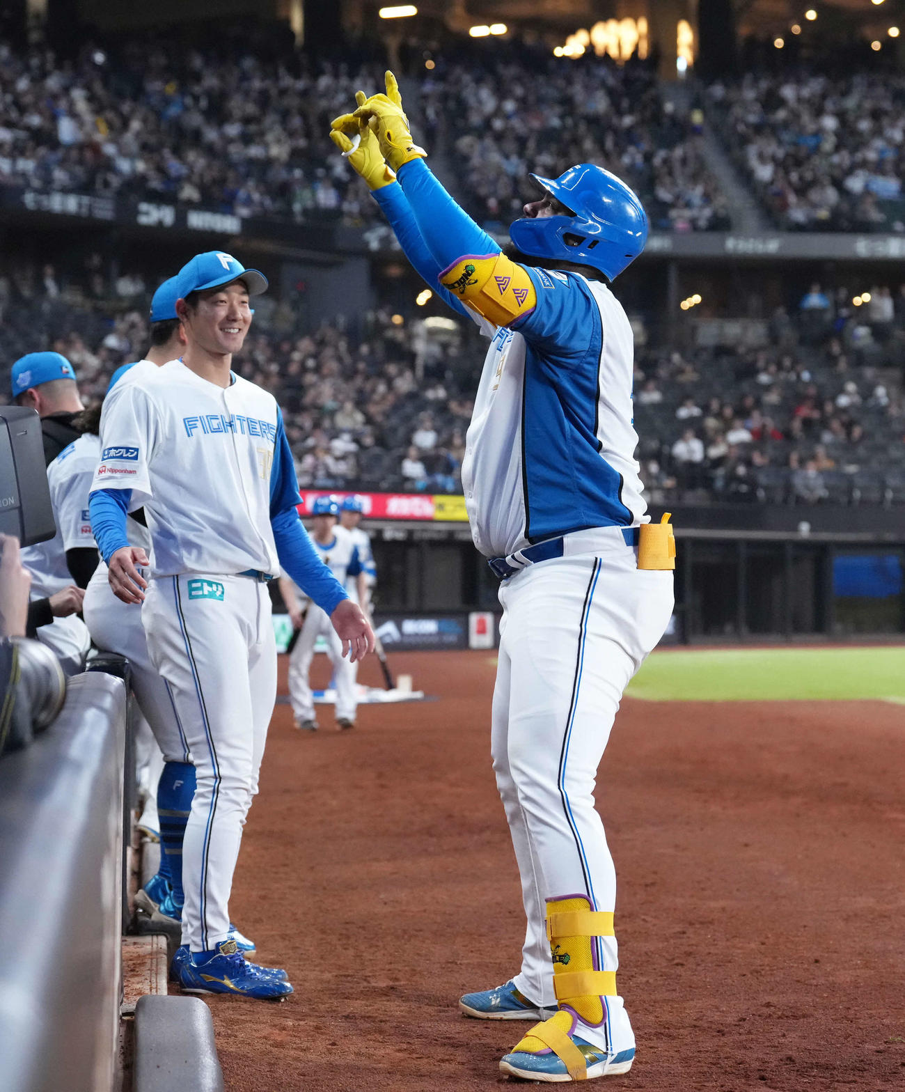 日本ハム対オリックス　4回裏日本ハム2死、レイエスはソロ本塁打を放ちポーズを決める（撮影・足立雅史）
