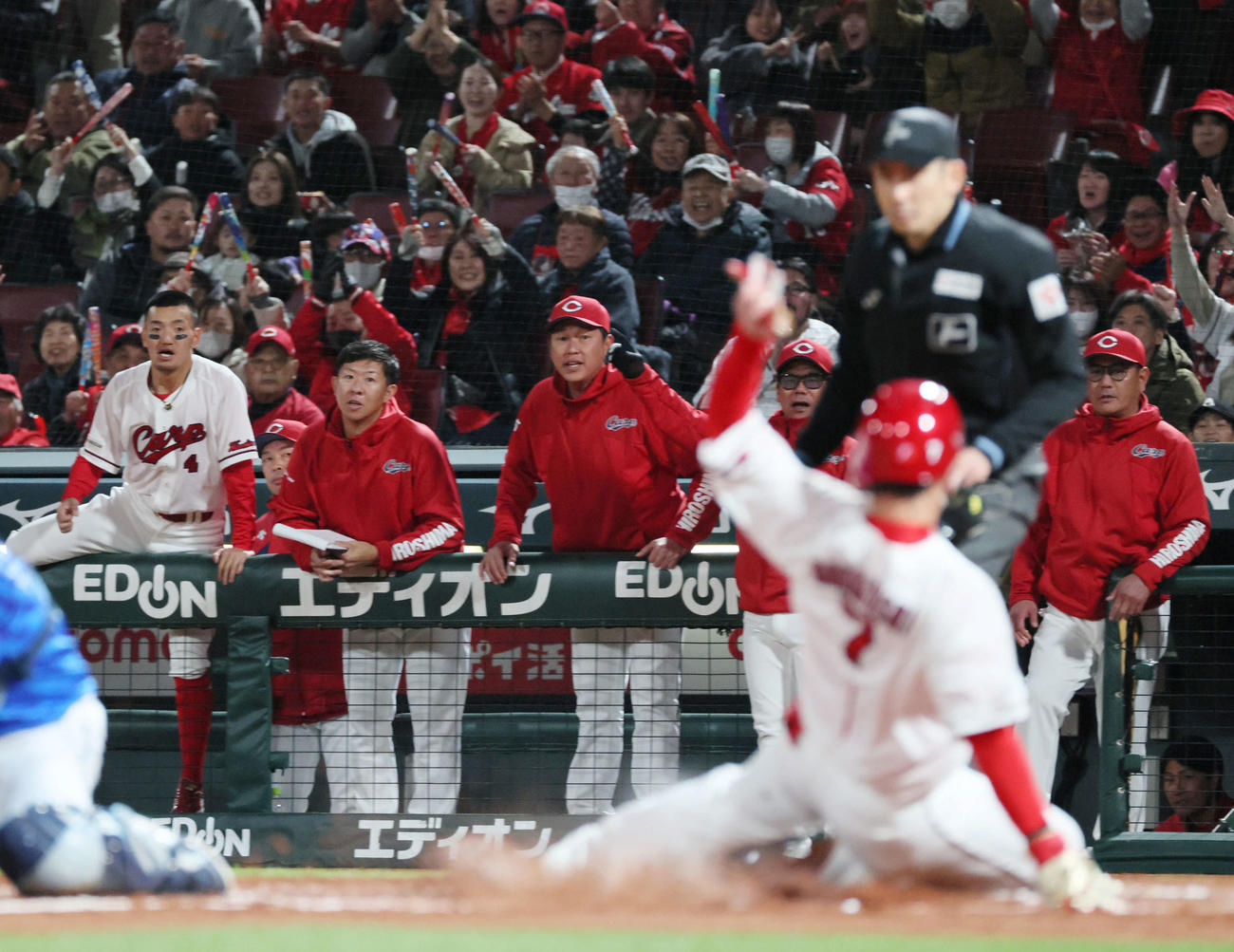 広島対DeNA 4回裏広島2死一、三塁、野間の同点の2点適時打に沸く広島ファンとベンチ。中央は新井監督（撮影・加藤孝規）