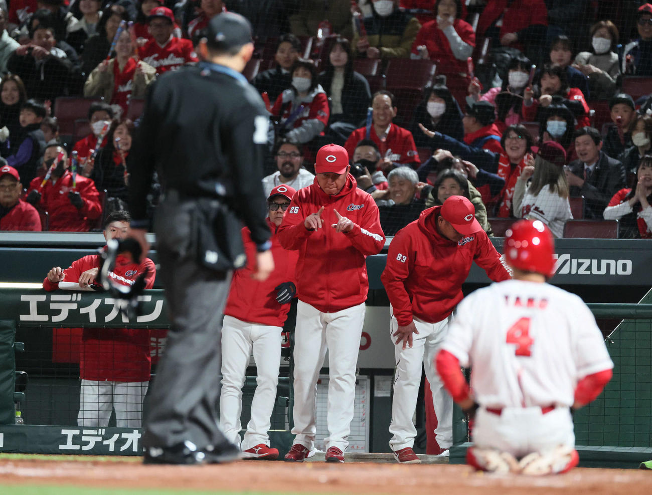 広島対DeNA 5回裏広島2死一塁、小園の中前適時打で矢野は本塁へ。アウト判定に新井監督はリクエスト（撮影・加藤孝規）