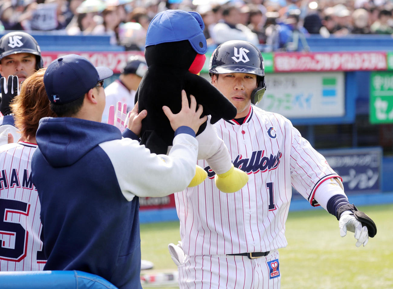 ヤクルト対中日　2回裏ヤクルト無死二塁、通算300号となる先制左越え2点本塁打を放ち、つば九郎人形らに迎えられる山田（撮影・野上伸悟）