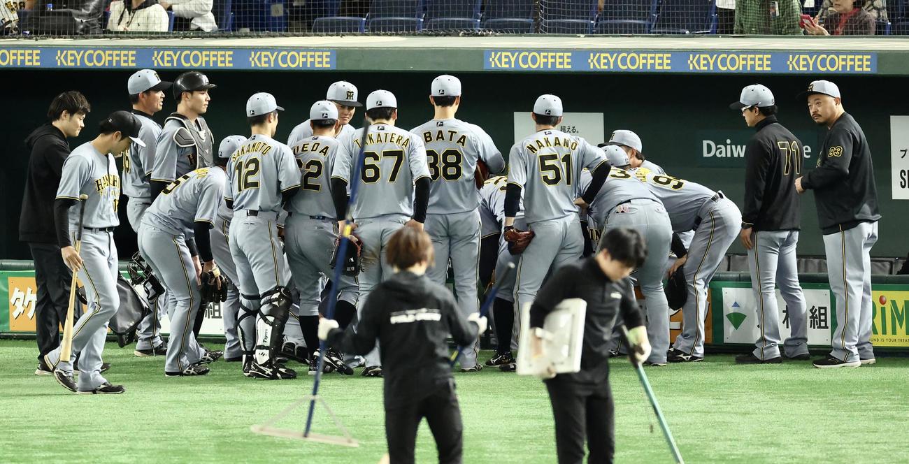 巨人対阪神　試合前円陣を組む阪神ナイン（撮影・河田真司）