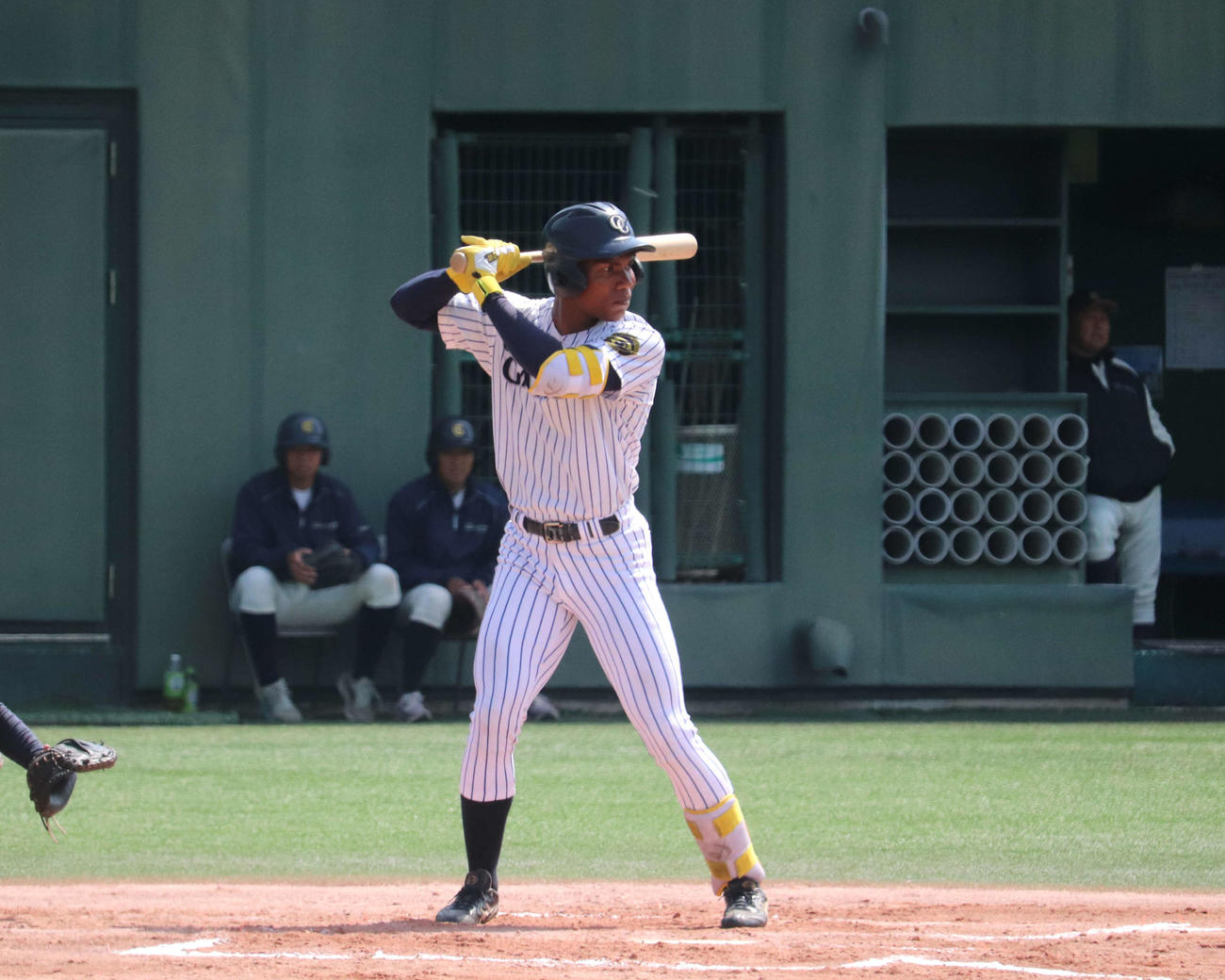 大商大対大院大　1打席目に今季初安打が飛び出した大院大のエドポロ・ケイン（撮影・中島麗）