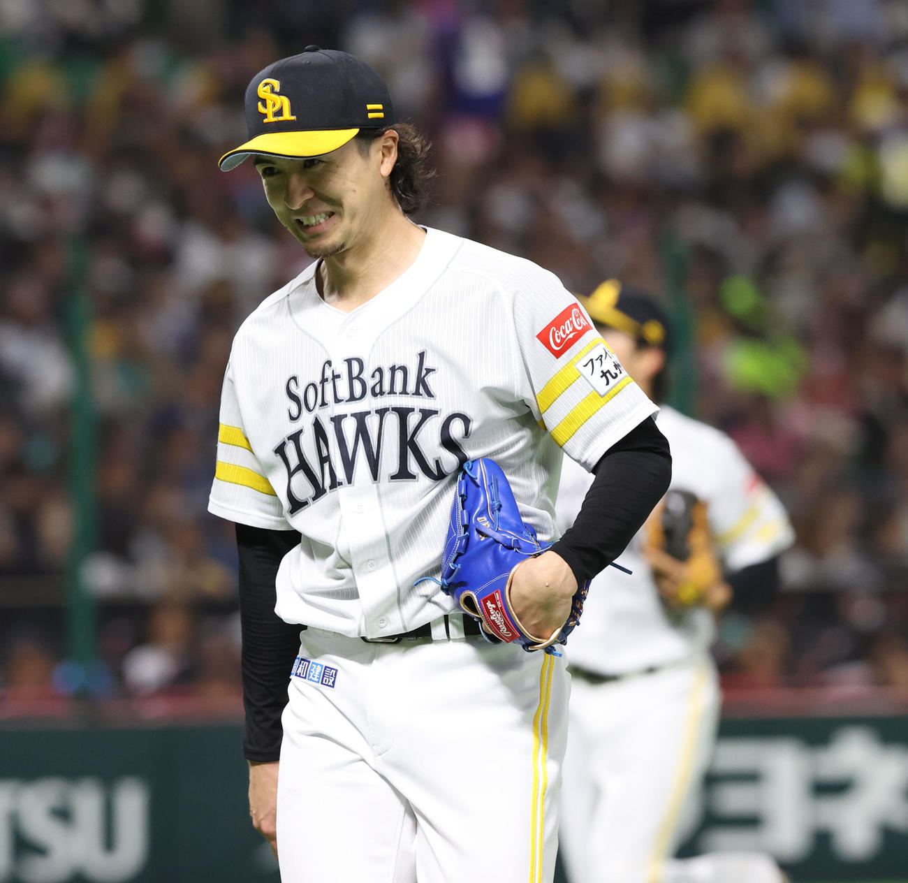 ソフトバンク対西武　先発した上沢は2回投げ終わりに笑顔を見せる（撮影・梅根麻紀）