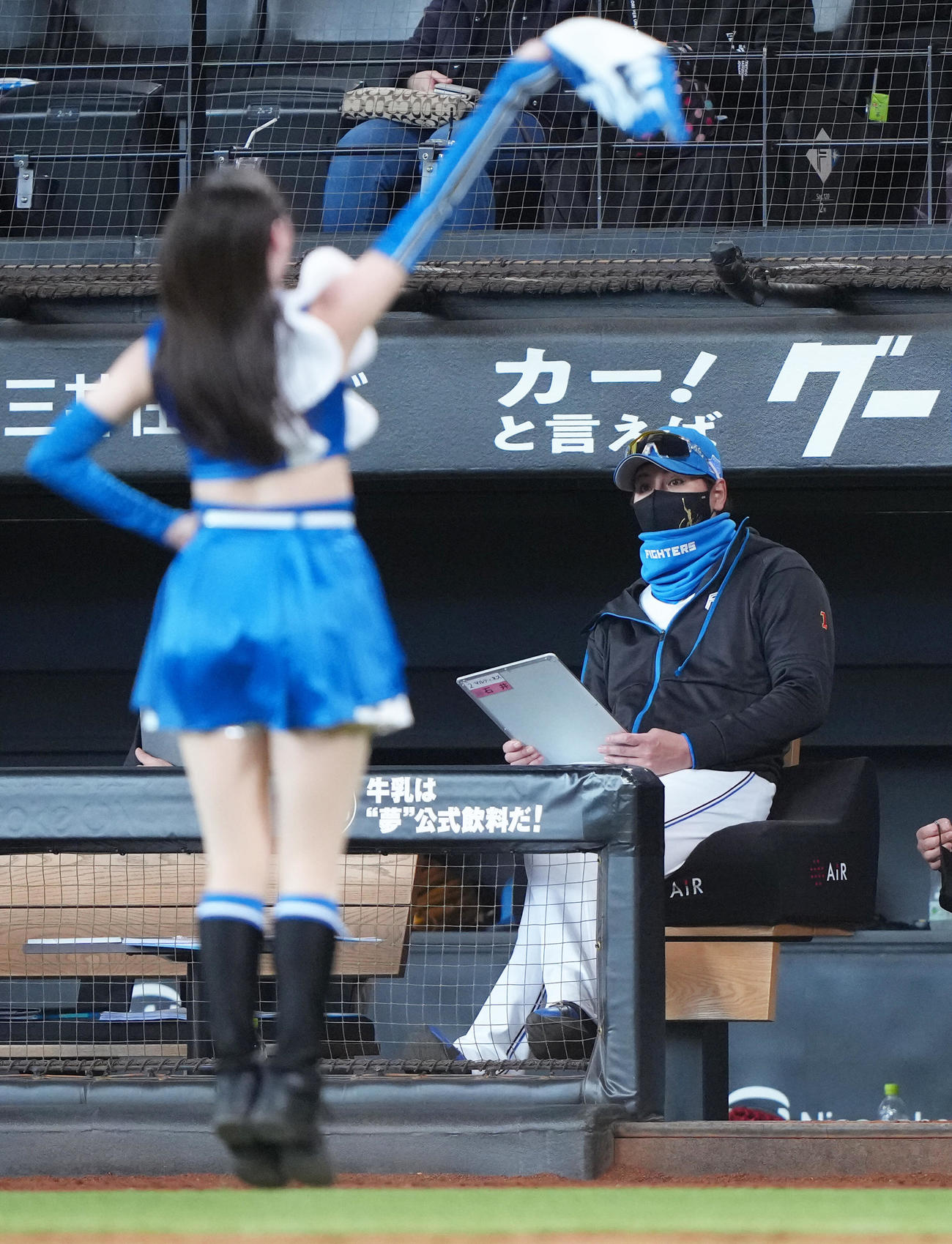 日本ハム対オリックス　資料を手にグラウンドを見つめる日本ハム新庄監督（撮影・足立雅史）