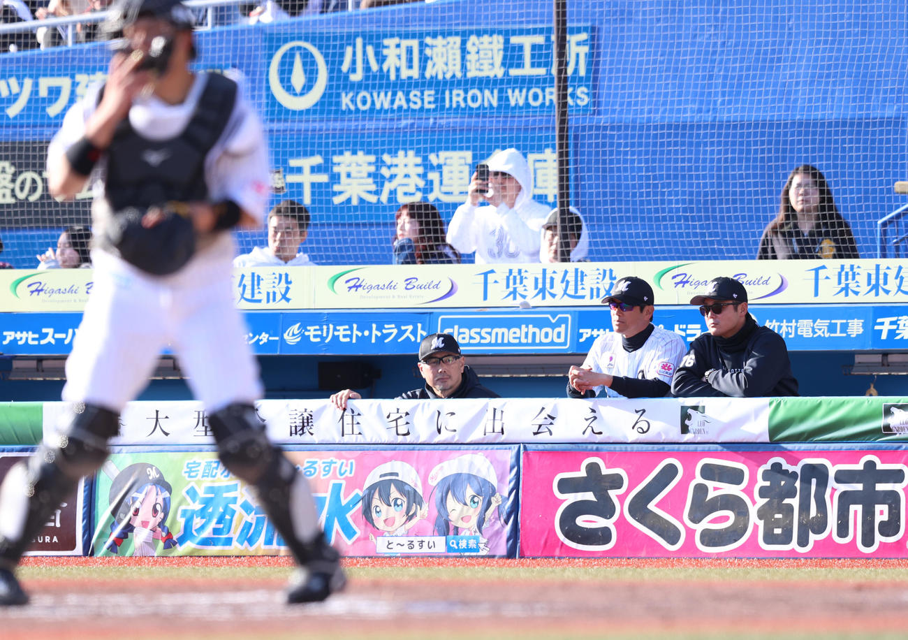 ロッテ対楽天　戦況を見守るロッテ吉井監督（中央）（撮影・水谷安孝）