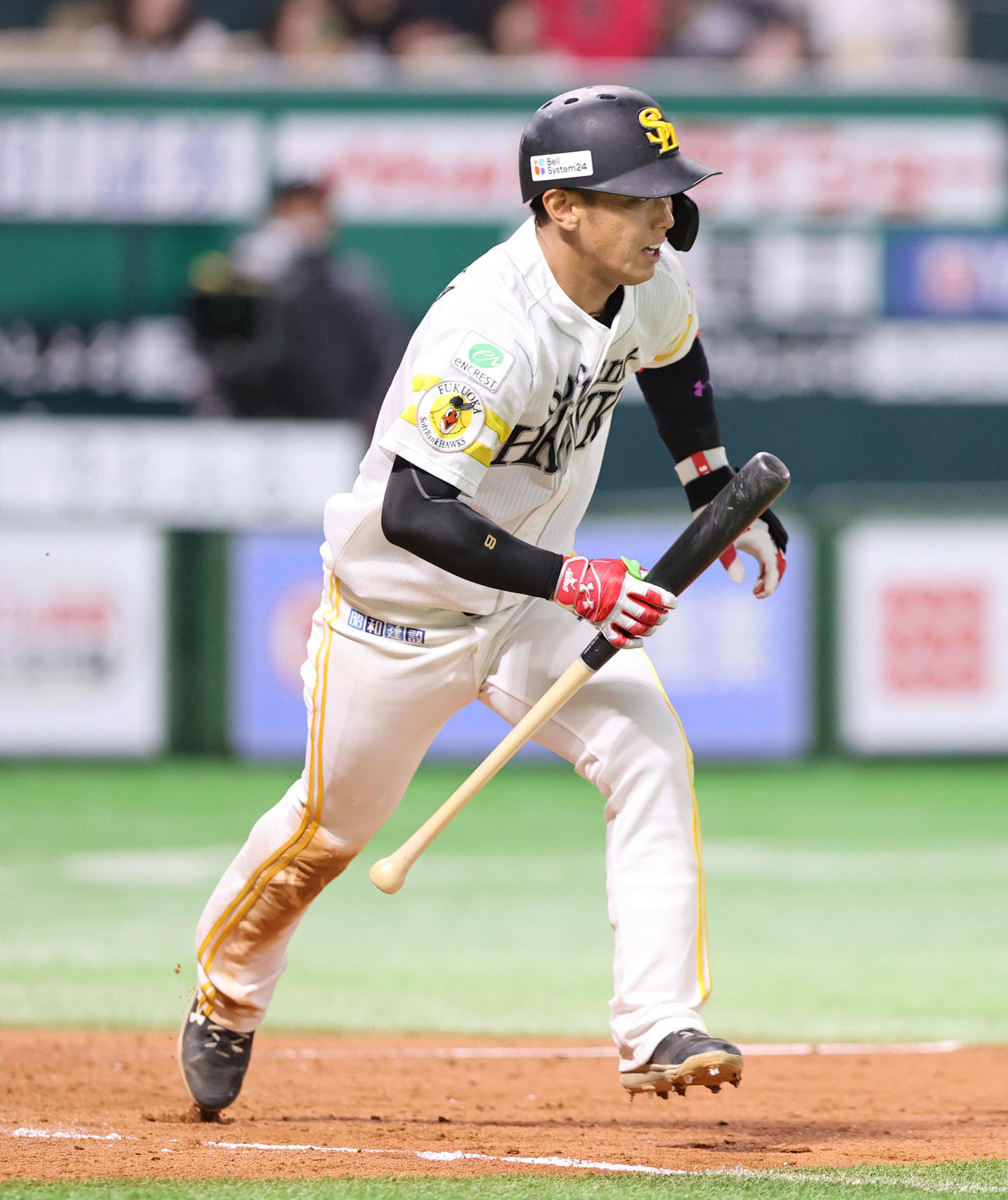 ソフトバンク対西武　5回裏ソフトバンク2死二塁、今宮は中前適時打を放つ（撮影・梅根麻紀）
