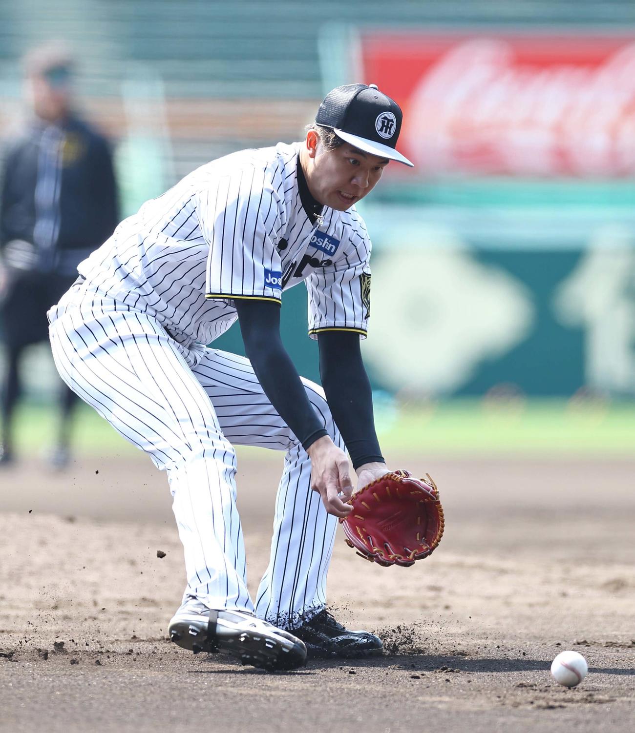 投内連係プレーの練習をする才木（撮影・上田博志）