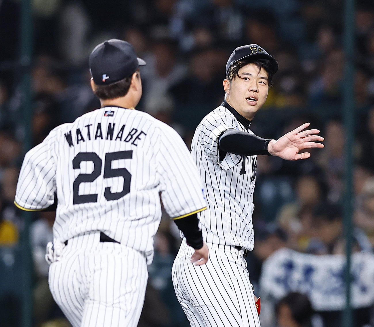 阪神対ヤクルト　4回を終え、渡辺とタッチを交わす阪神才木（撮影・藤尾明華）