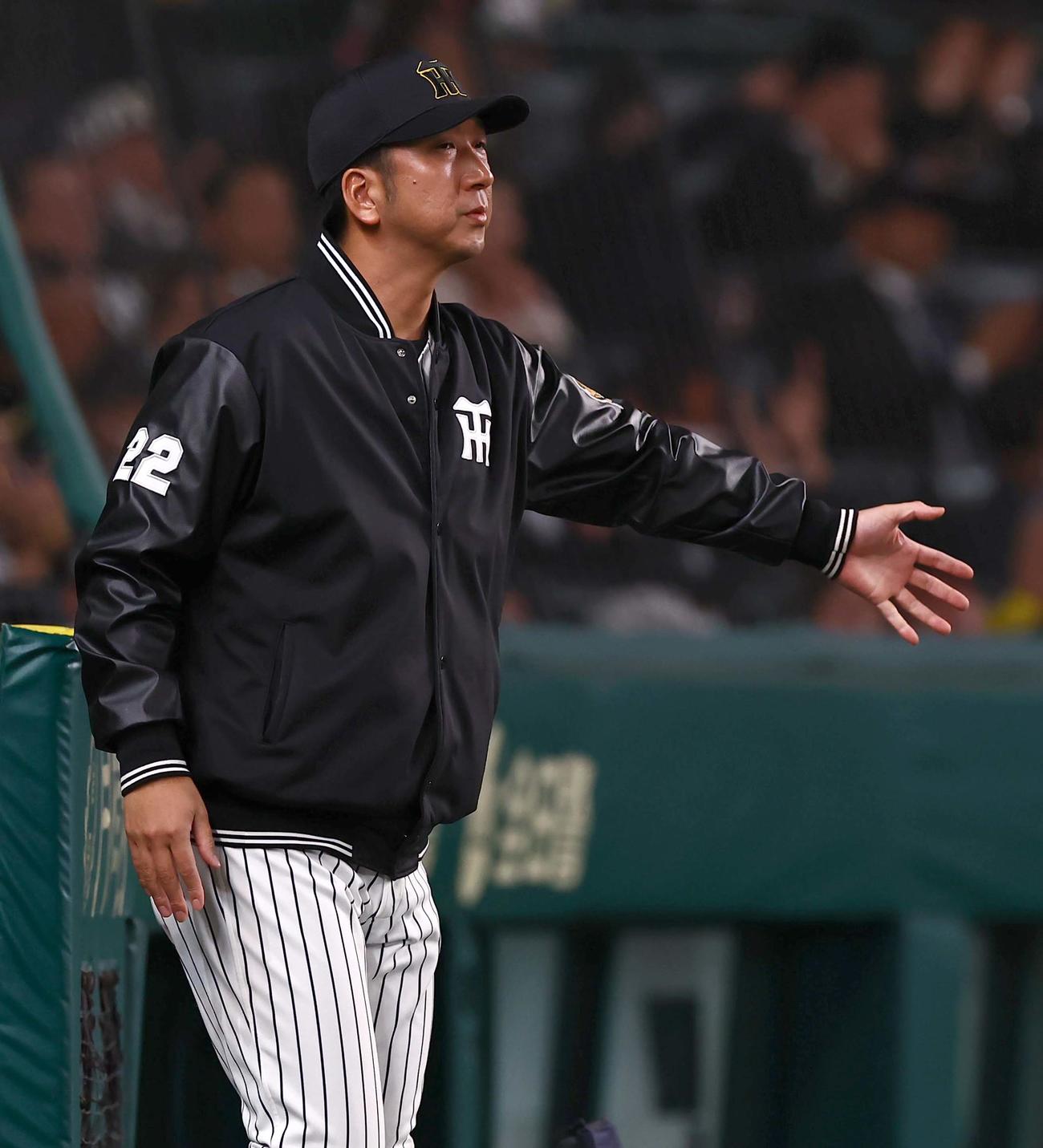 阪神対ヤクルト　選手交代を告げる藤川監督（撮影・上田博志）