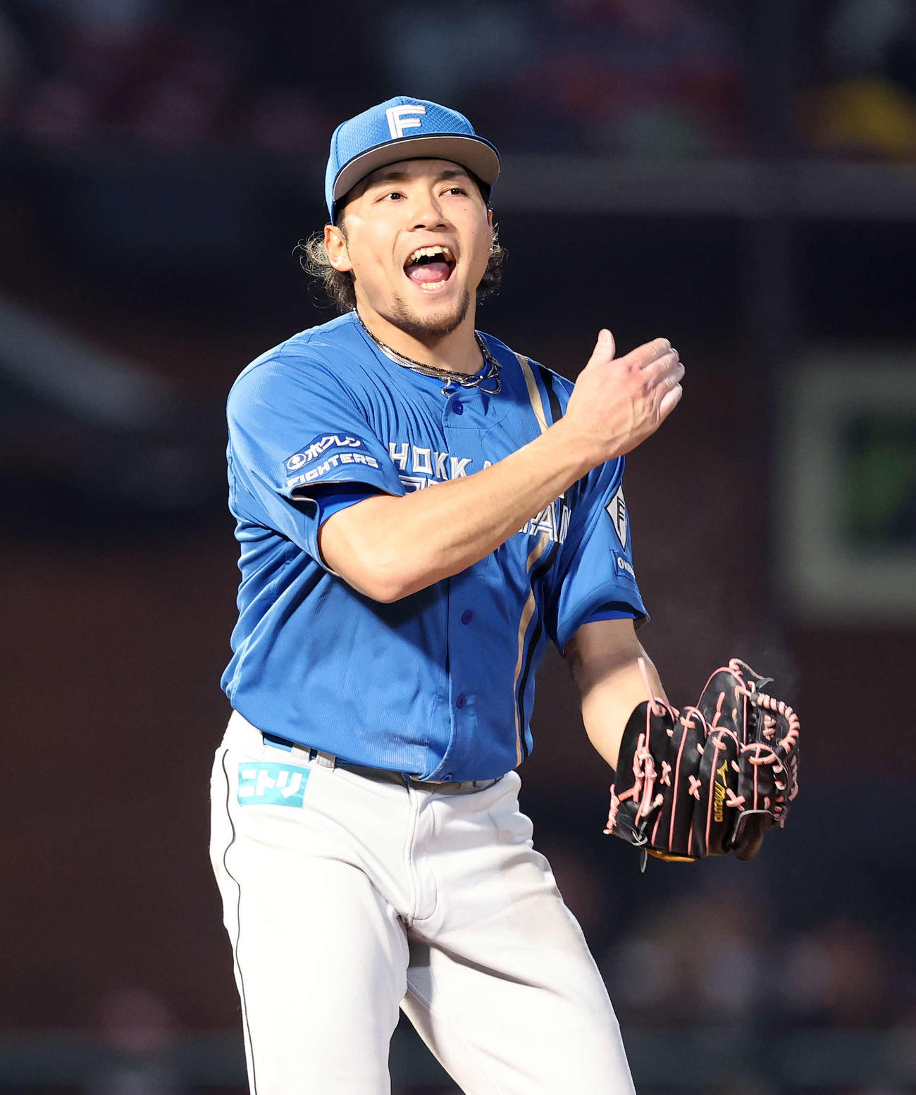 楽天対日本ハム　勝利し雄たけびを上げる日本ハム伊藤（撮影・鈴木正人）　
