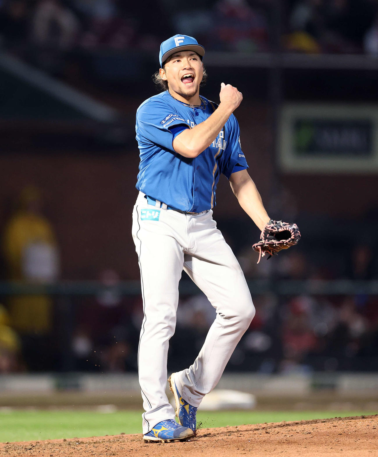 楽天対日本ハム　勝利し雄たけびを上げガッツポーズする日本ハム伊藤（撮影・鈴木正人）　