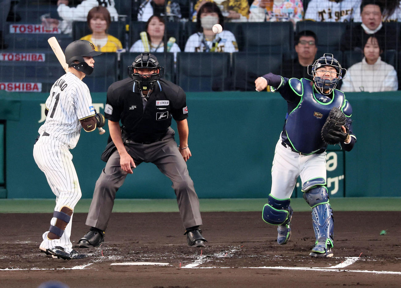阪神対ヤクルト　1回裏阪神無死一塁、一塁走者近本の二塁盗塁を刺す中村（撮影・加藤哉）