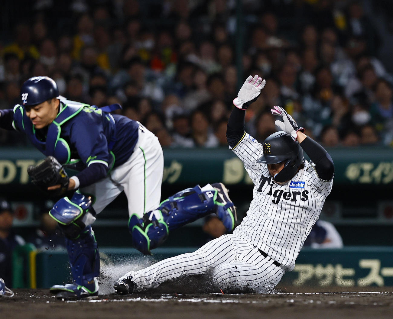 阪神対ヤクルト　2回裏阪神無死満塁、梅野の投ゴロで相手悪送球で生還する大山。捕手中村悠（撮影・藤尾明華）