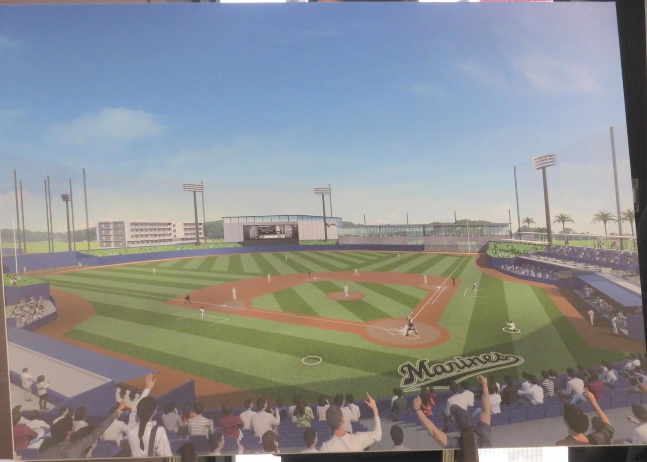 「千葉ロッテマリーンズファーム本拠地（仮称）移転に関する基本協定書」締結式で示された球場のイメージ図（撮影・星夏穂）