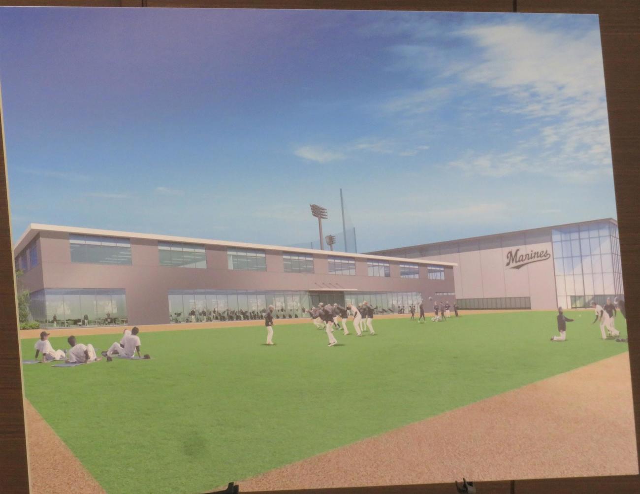 「千葉ロッテマリーンズファーム本拠地（仮称）移転に関する基本協定書」締結式で示された球場のイメージ図（撮影・星夏穂）