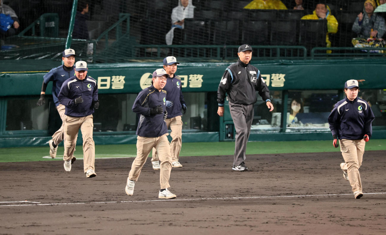 阪神対ヤクルト　グラウンドに出てシートをはがす阪神園芸の係員たち（撮影・加藤哉）