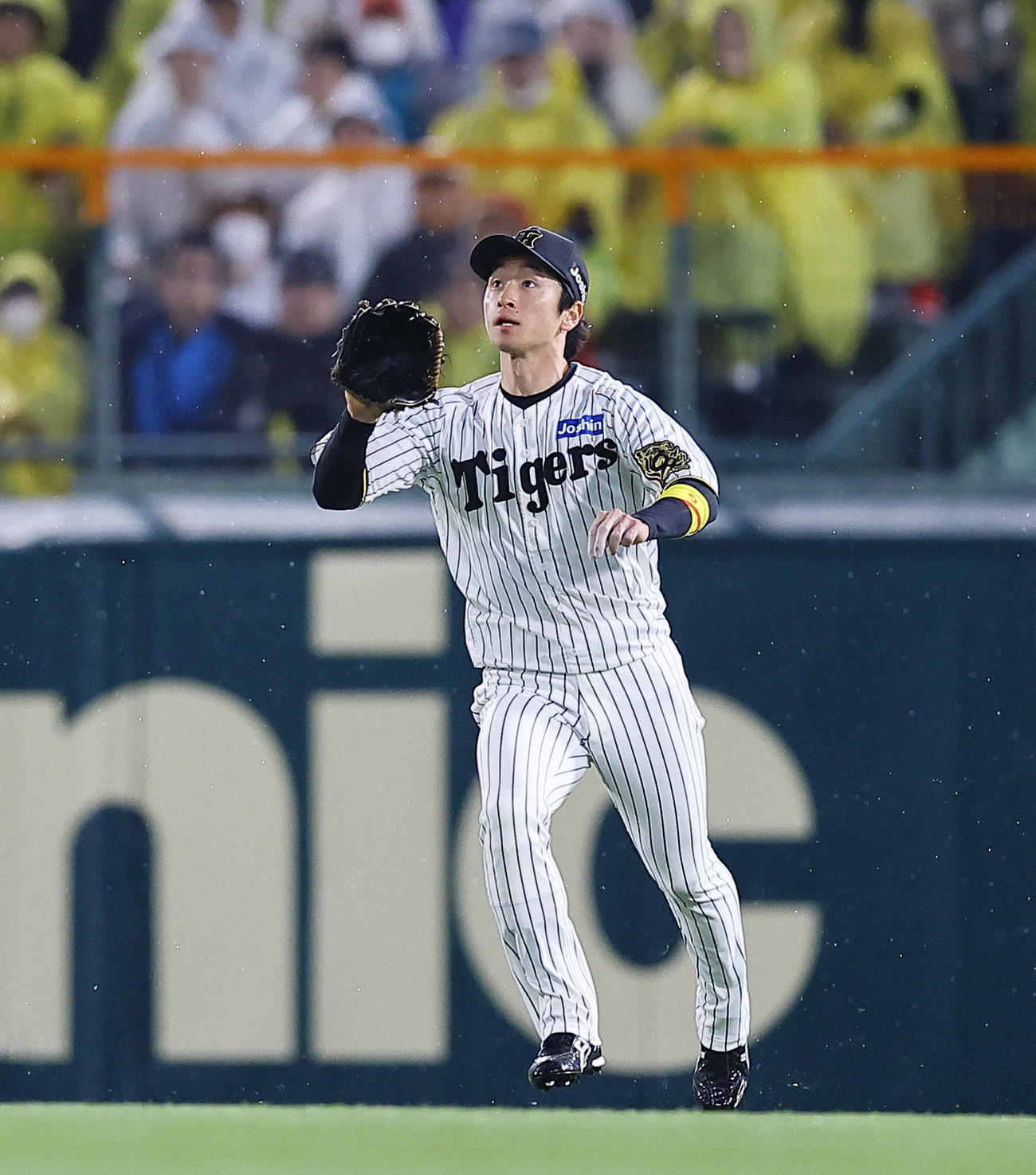 阪神対ヤクルト　2回表ヤクルト無死一塁、山田の中飛でグラブを構える近本（撮影・藤尾明華）