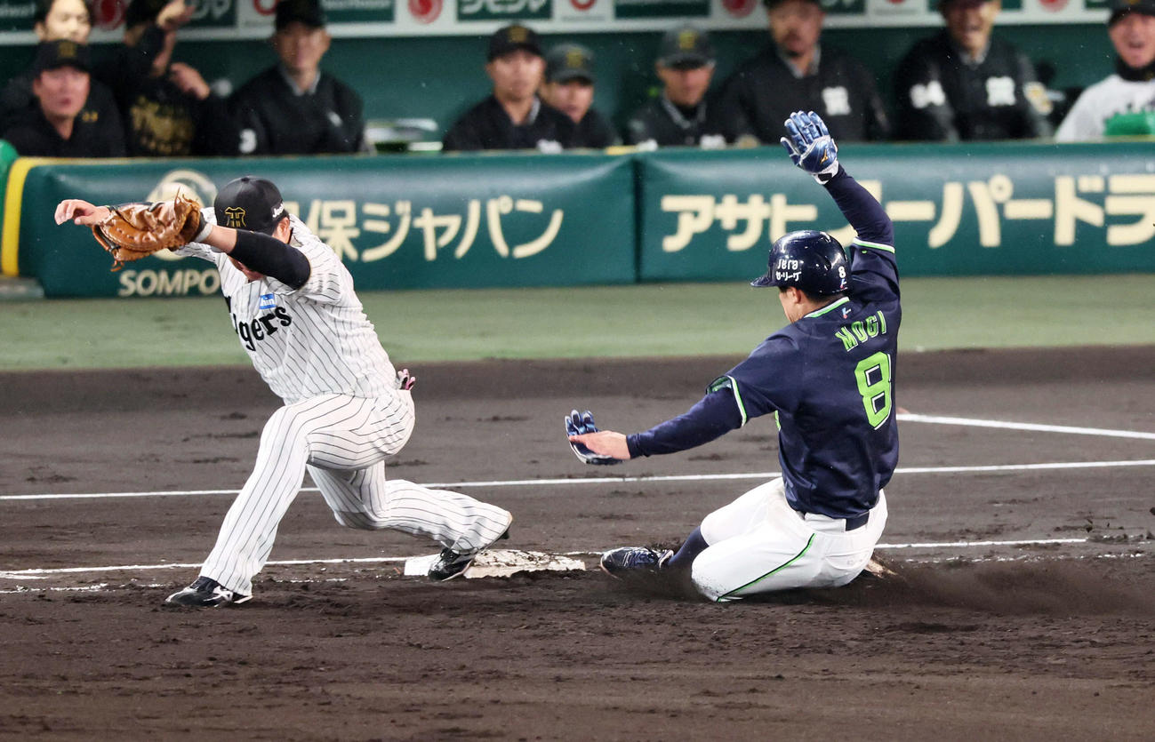 阪神対ヤクルト　2回表ヤクルト無死一塁、一塁走者茂木は山田の中飛で帰塁出来ず併殺となる。一塁手大山（撮影・加藤哉）