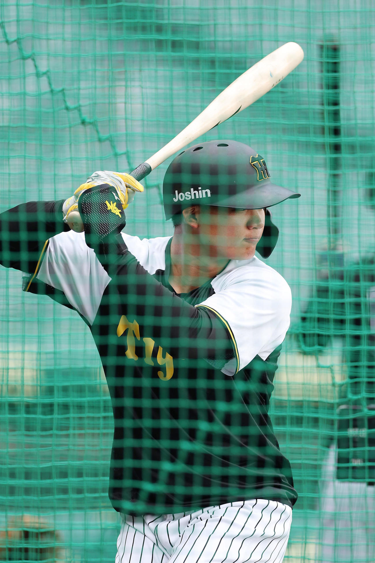 阪神対中日　魚雷バットでフリー打撃に臨む阪神森下（撮影・前田充）