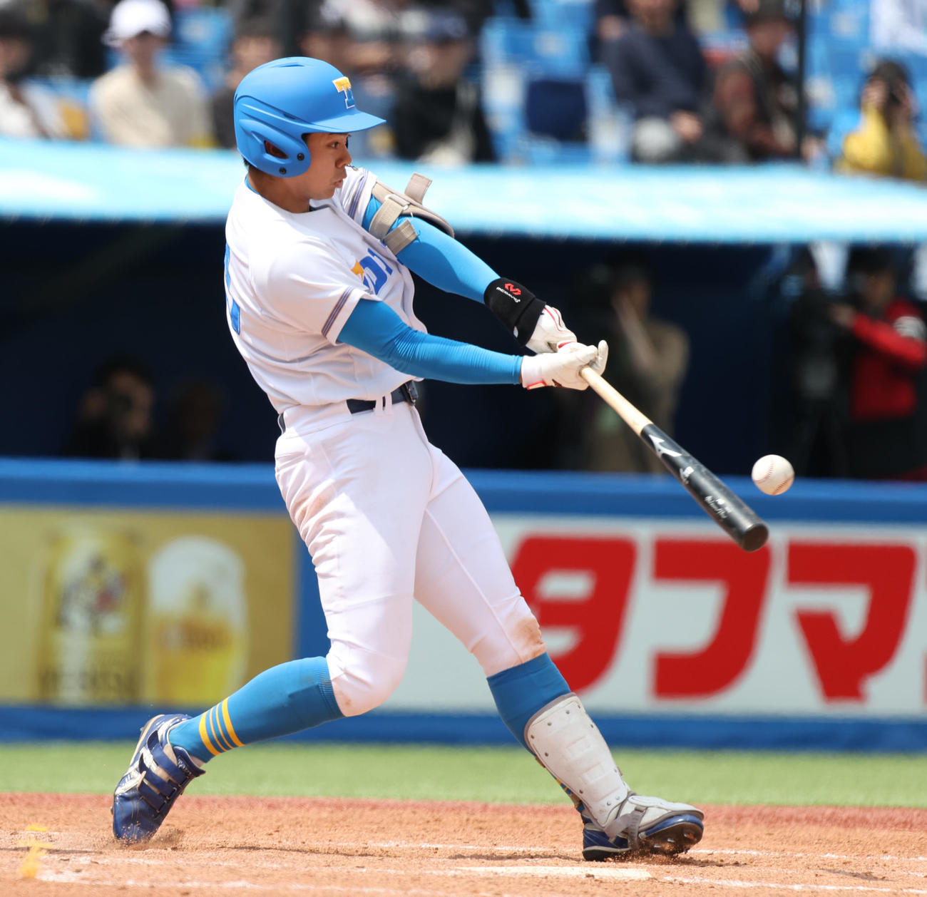 早大対東大　4回表東大2死、秋元は左ポール際に同点本塁打を放つ（撮影・柴田隆二）