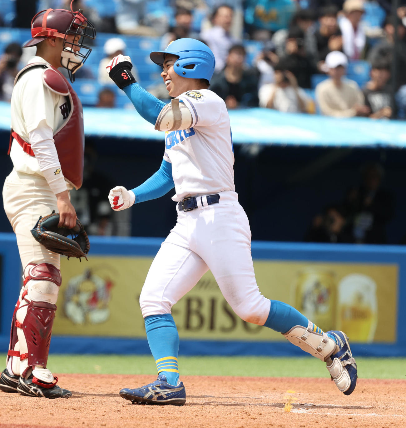 早大対東大　4回表東大2死、秋元は左ポール際に同点本塁打を放ちガッツポーズする（撮影・柴田隆二）
