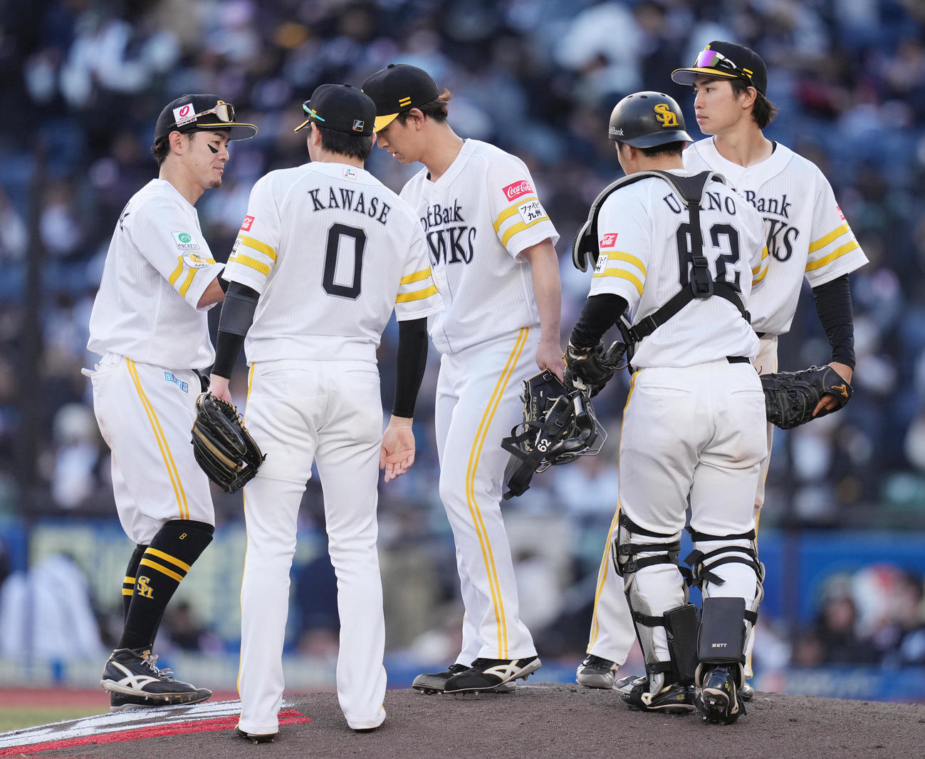 ロッテ対ソフトバンク　ロッテに勝利し、タッチを交わす広瀬（右）らソフトバンクナイン（撮影・鈴木みどり）