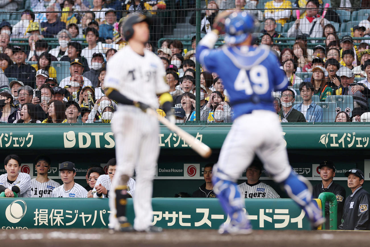 阪神対中日　9回裏阪神2死一、三塁、近本が空振り三振に倒れ、肩を落とす藤川監督（右から2人目）ら阪神の選手たち（撮影・前田充）
