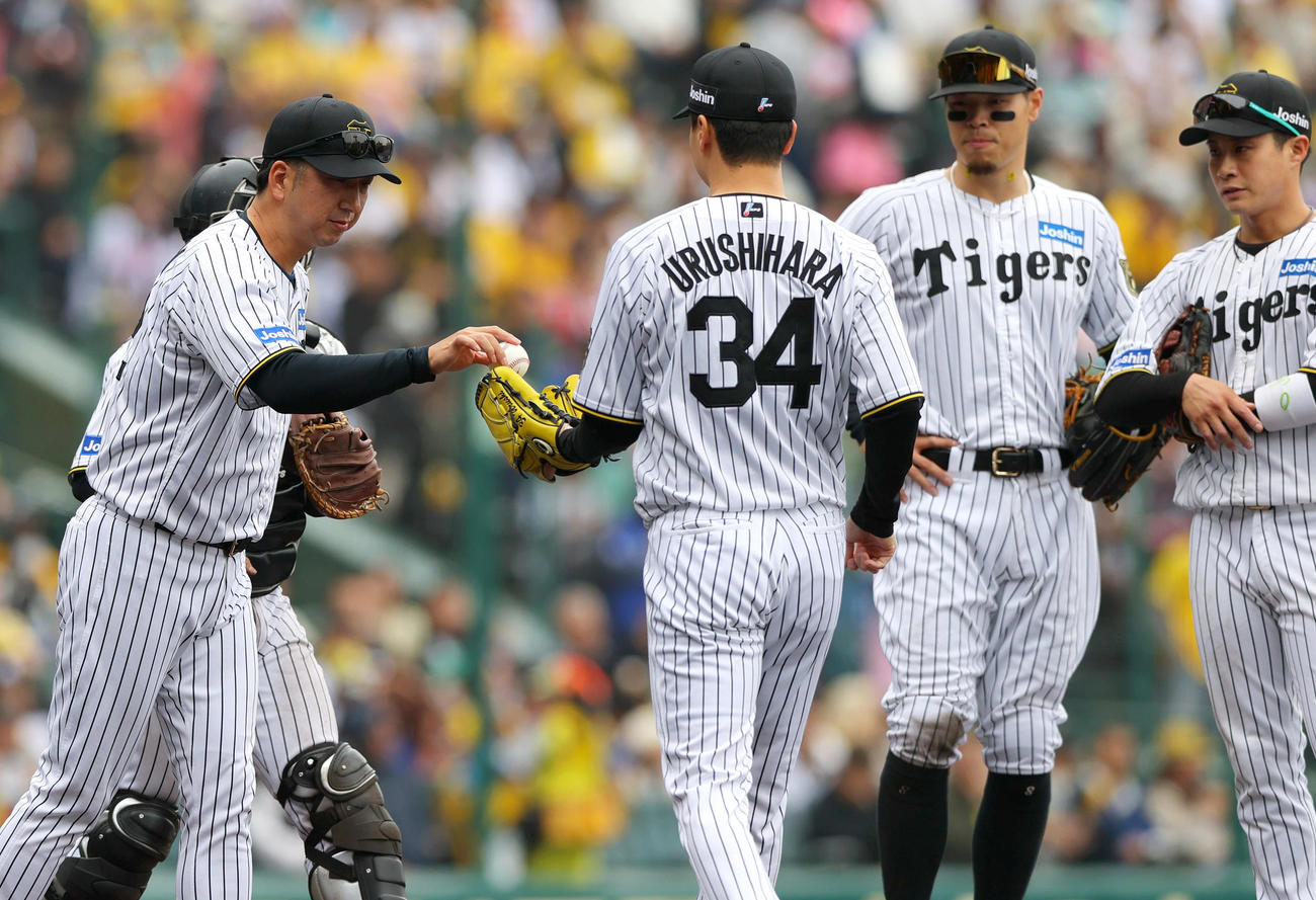 阪神対中日　5回表中日2死一塁、藤川監督（左）は西勇から漆原（手前）にマウンドを託す（撮影・上山淳一）