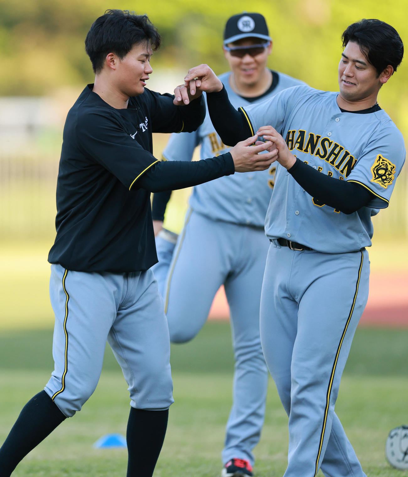 練習でじゃれあう阪神森下（左）と岡留（撮影・野上伸悟）