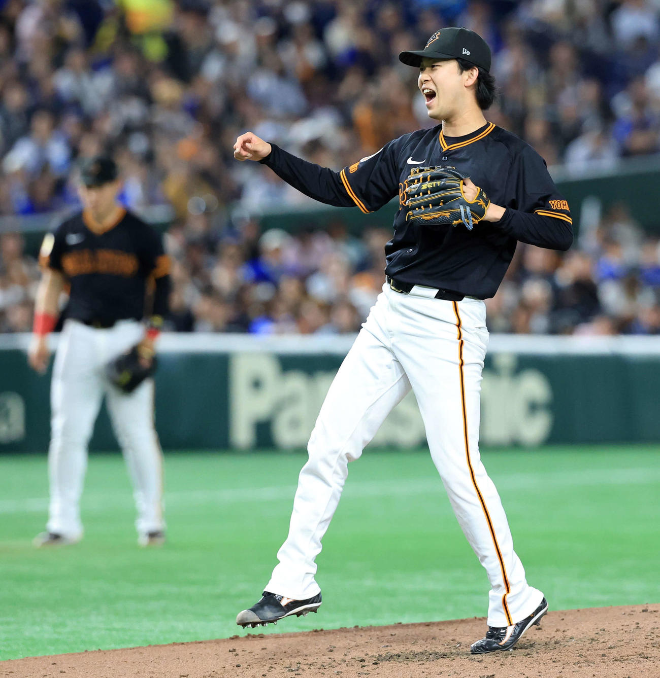 巨人対DeNA 5回表DeNAの攻撃中、気合の表情を見せる山崎（撮影・浅見桂子）