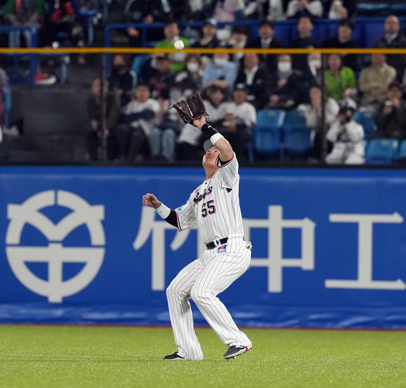 ヤクルト対阪神　4回表阪神2死、前川の飛球を捕球する右翼手村上（撮影・たえ見朱実）