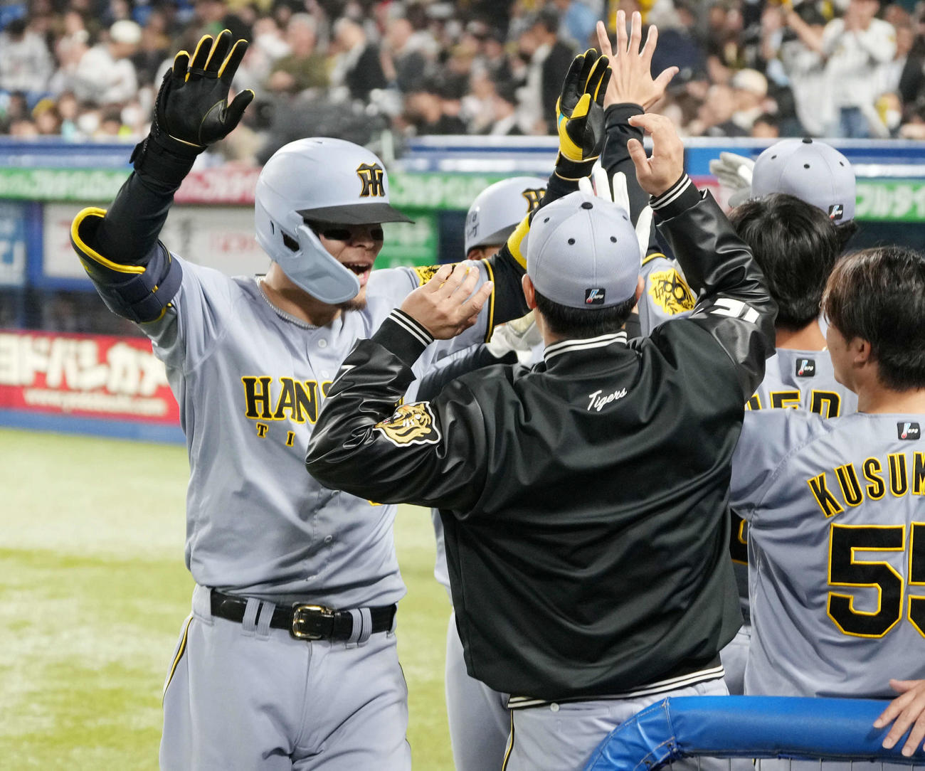 ヤクルト対阪神　8回表阪神無死二塁、佐藤輝（左）は右越えに逆転2点本塁打を放ちベンチのナインの祝福を受ける（撮影・小沢裕）