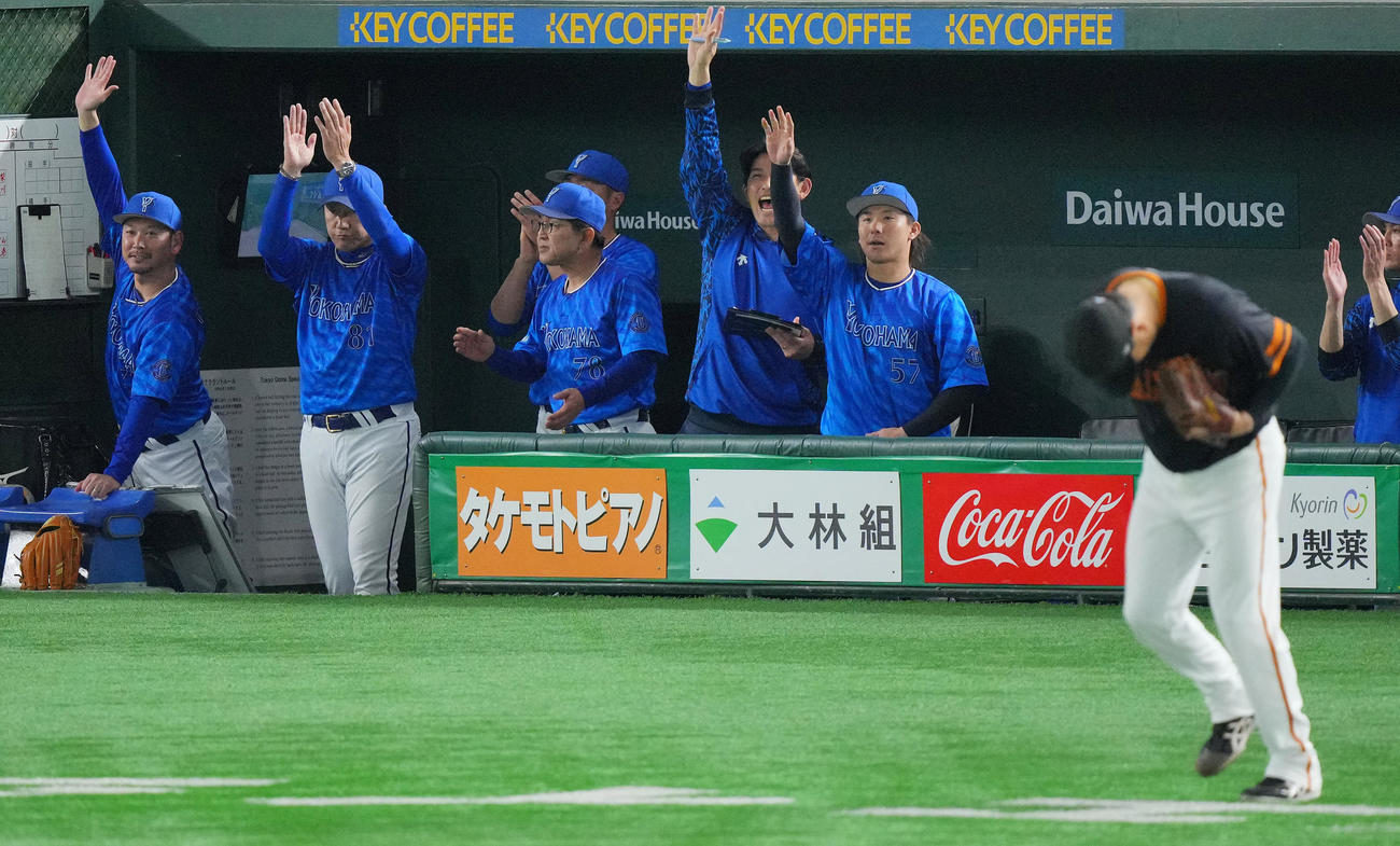 巨人対DeNA 2回表DeNA2死一、三塁、田中将（手前）から6点目を奪い盛り上がる三浦監督（左から2人目）らDeNAベンチ（撮影・垰建太）