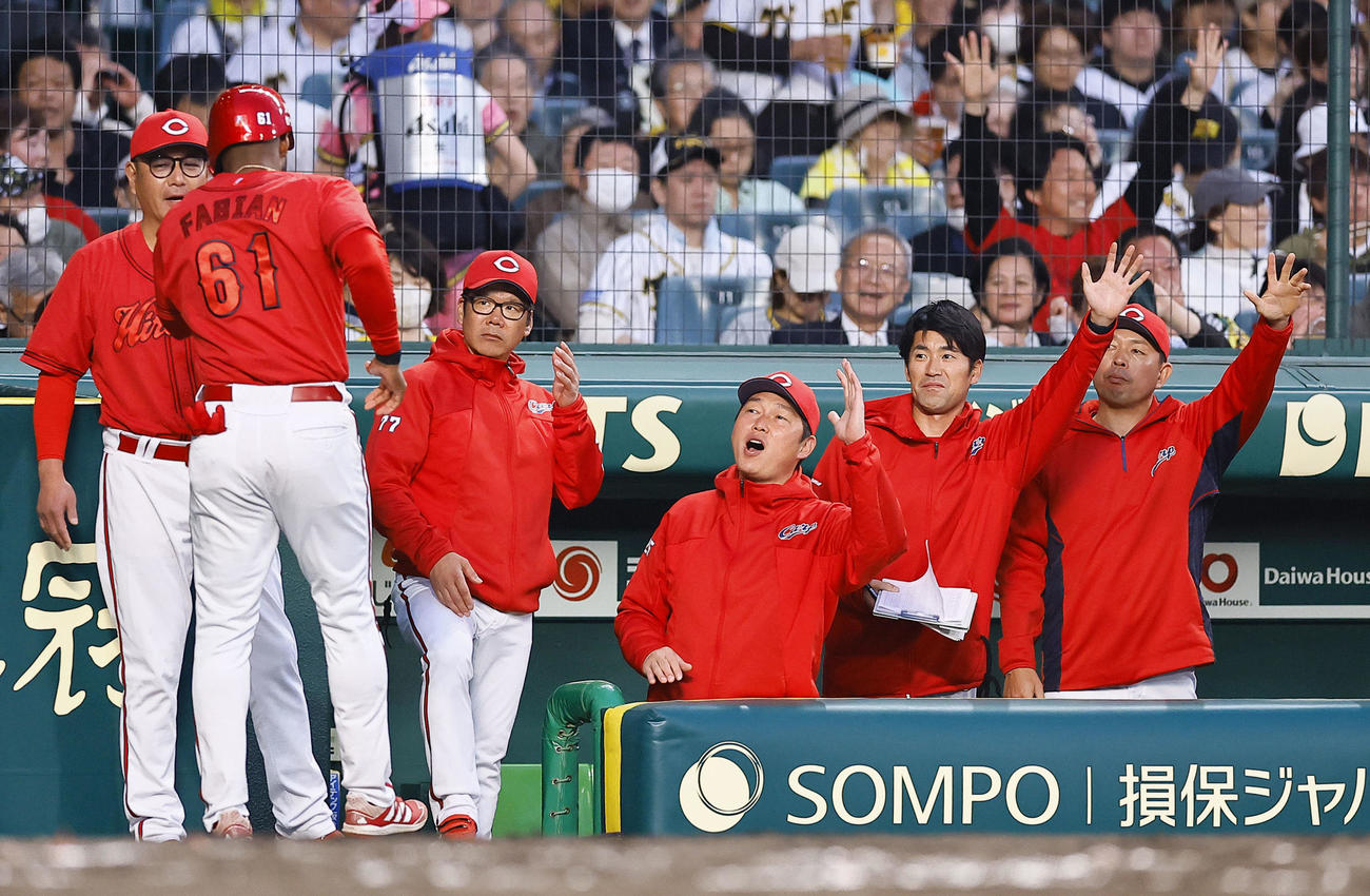 阪神対広島　2回表広島無死一、二塁、菊池の2点適時二塁打で生還したファビアンを出迎える新井監督（中央）（撮影・藤尾明華）