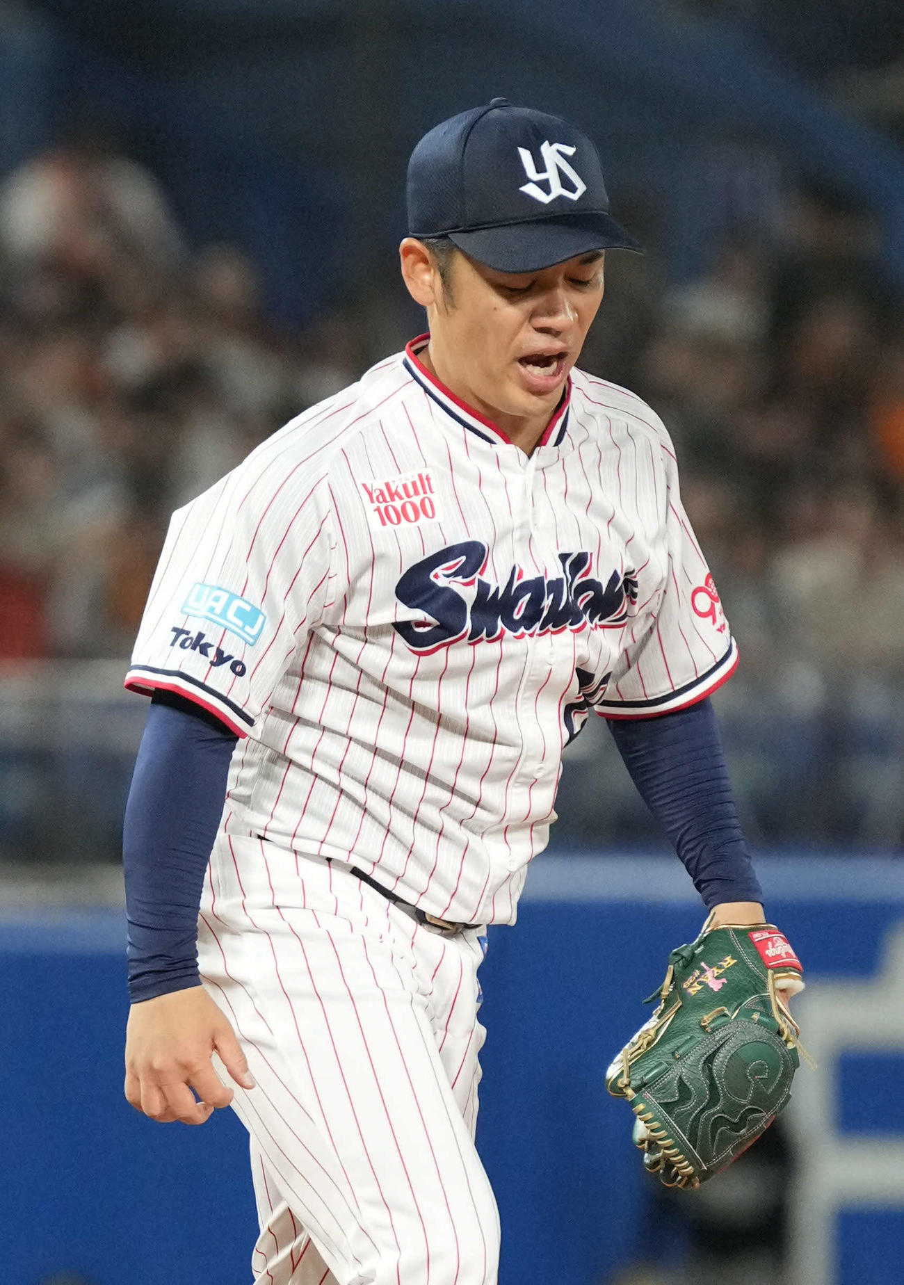 ヤクルト対巨人　6回表巨人無死、ヤクルト先発の小川は吉川を三振に仕留め雄たけびを上げる（撮影・小沢裕）
