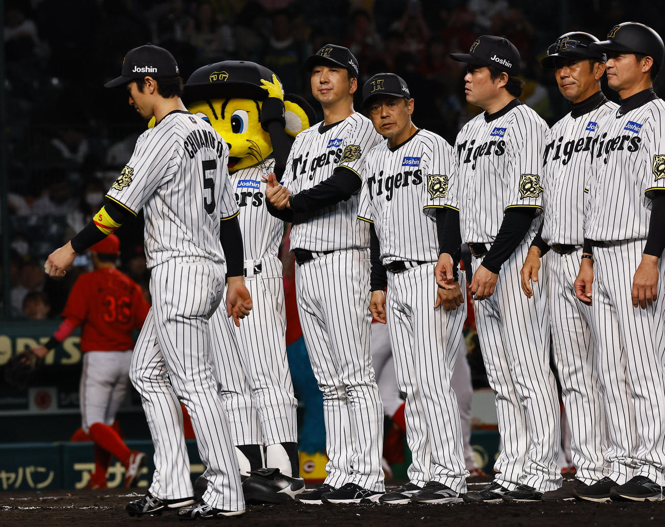 阪神対広島　広島に敗れ、整列する左から近本、藤川監督ら阪神コーチ陣（撮影・藤尾明華）