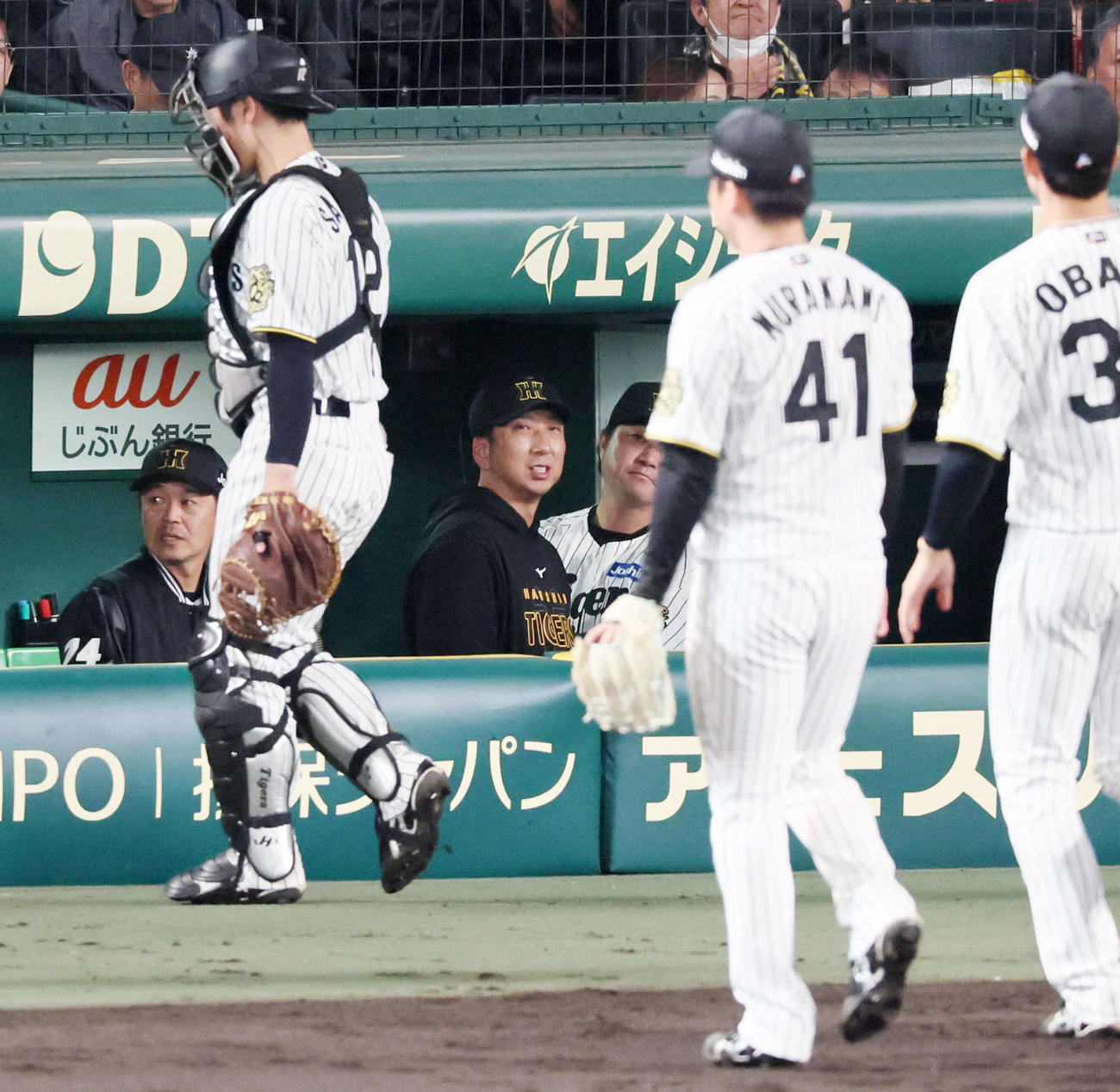 阪神対広島　4回表を終えベンチからグラウンドを見る藤川監督と右は引き揚げる村上（撮影・加藤哉）