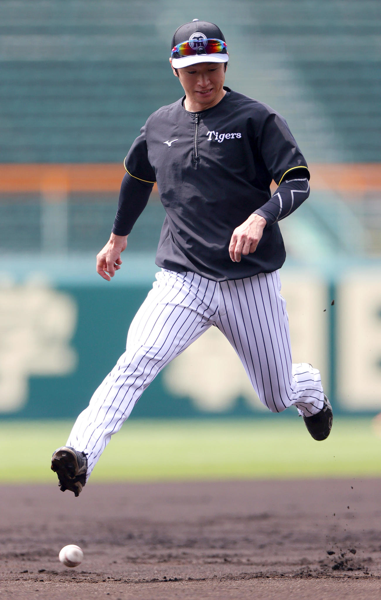 阪神対広島　試合前、打撃練習の球をよける阪神近本（撮影・上山淳一）